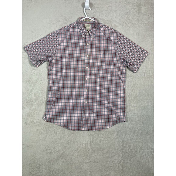 LL Bean Mens Large Button Down Short Sleeve Shirt Traditional Fit Red Plaid - Picture 1 of 5